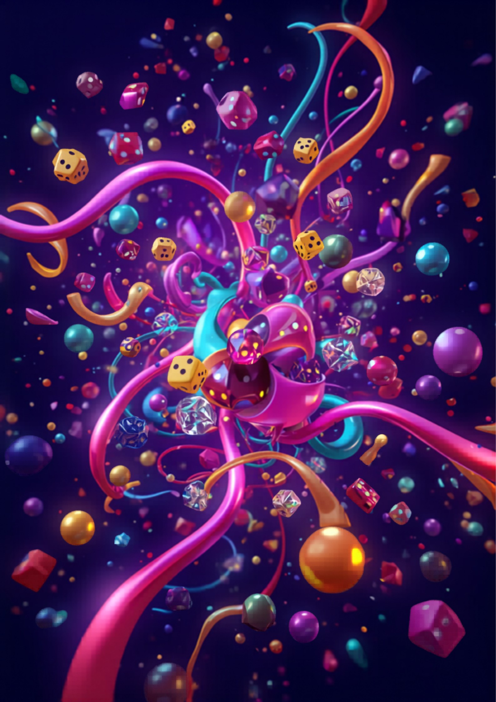 Colorful abstract board game illustration with vibrant purple and teal game pieces on a glowing background representing customer growth strategy