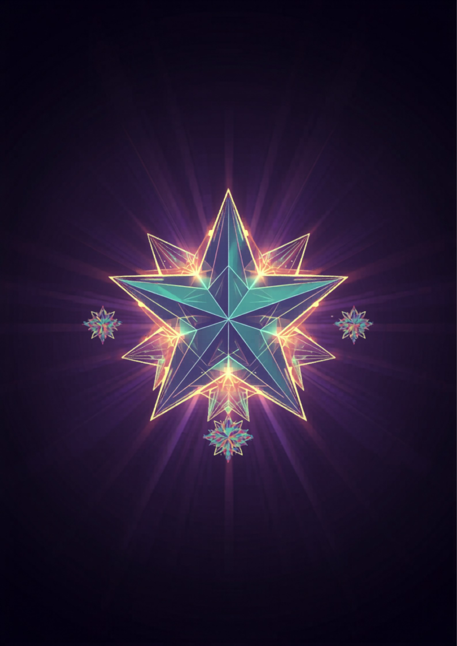 Abstract illustration of a digital review display stand with glowing star shapes and geometric patterns on a dark purple background