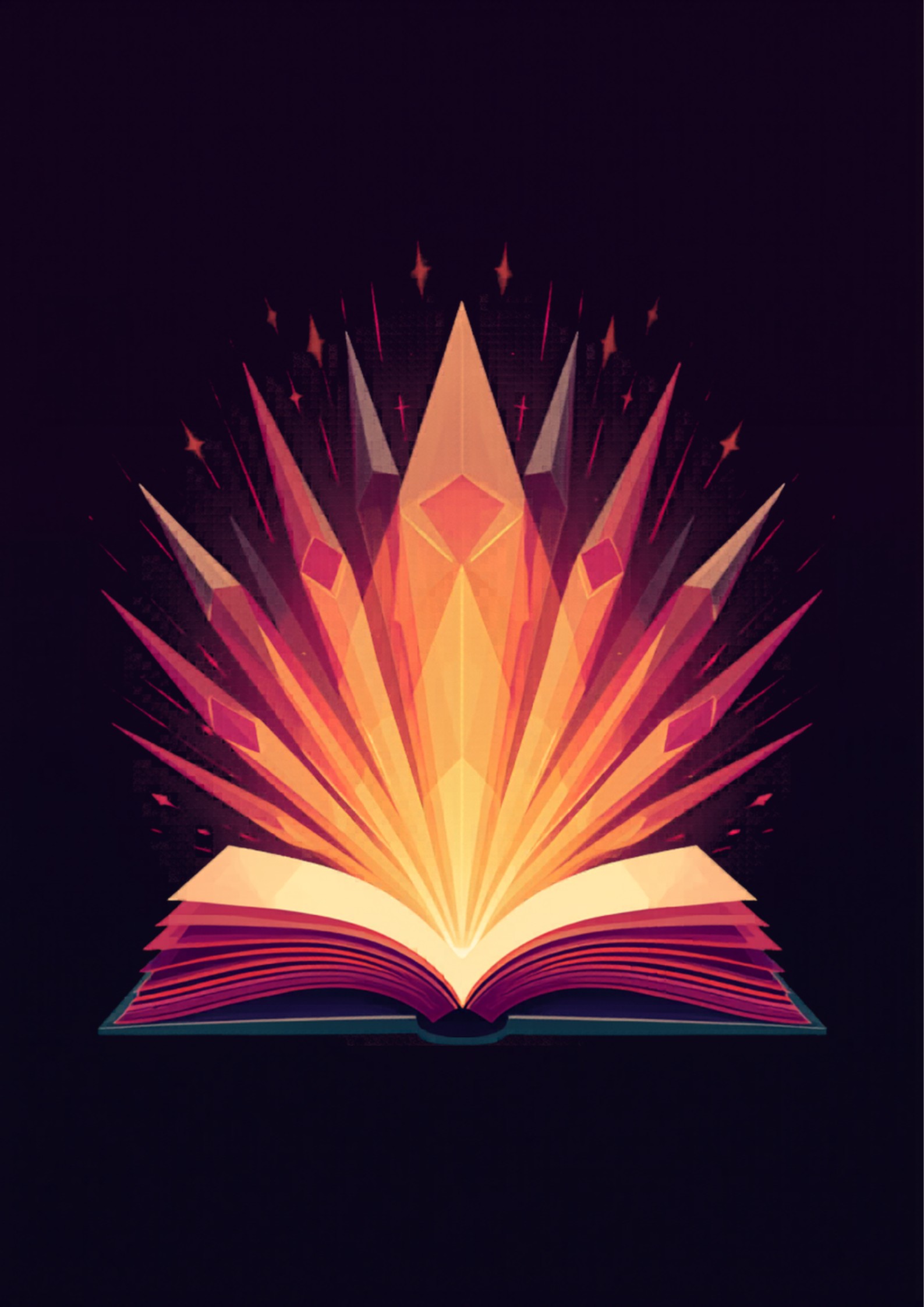 Abstract illustration of an open book with vibrant colorful pages and geometric light rays on a deep purple background