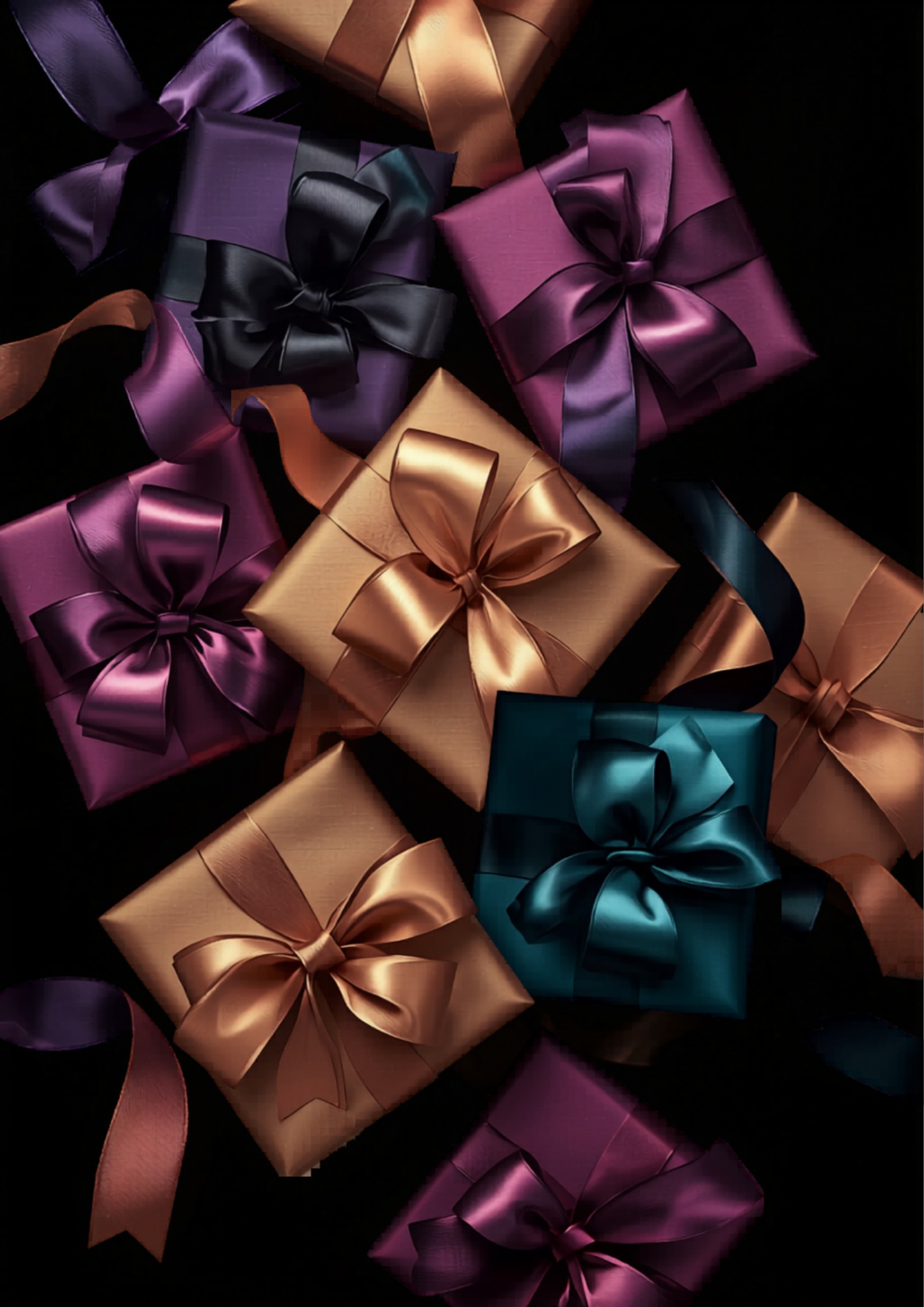Abstract illustration of elegant gift boxes and ribbon bows in jewel tones against a rich dark purple background